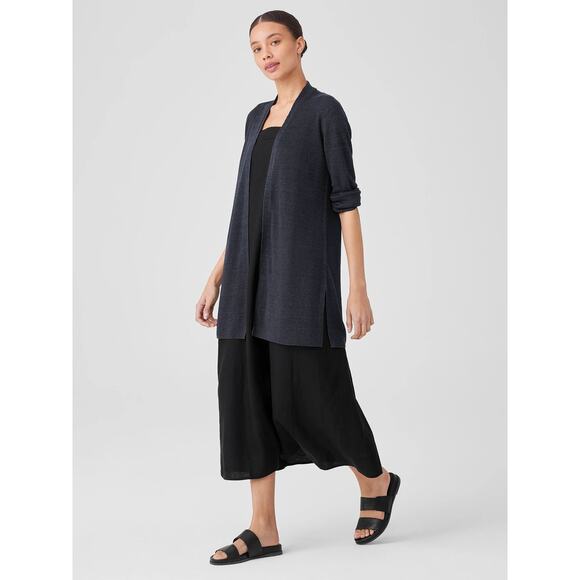Eileen Fisher Organic Linen Délavé Rib Long Cardigan Blue Knitted Slit Sz L - Picture 1 of 10